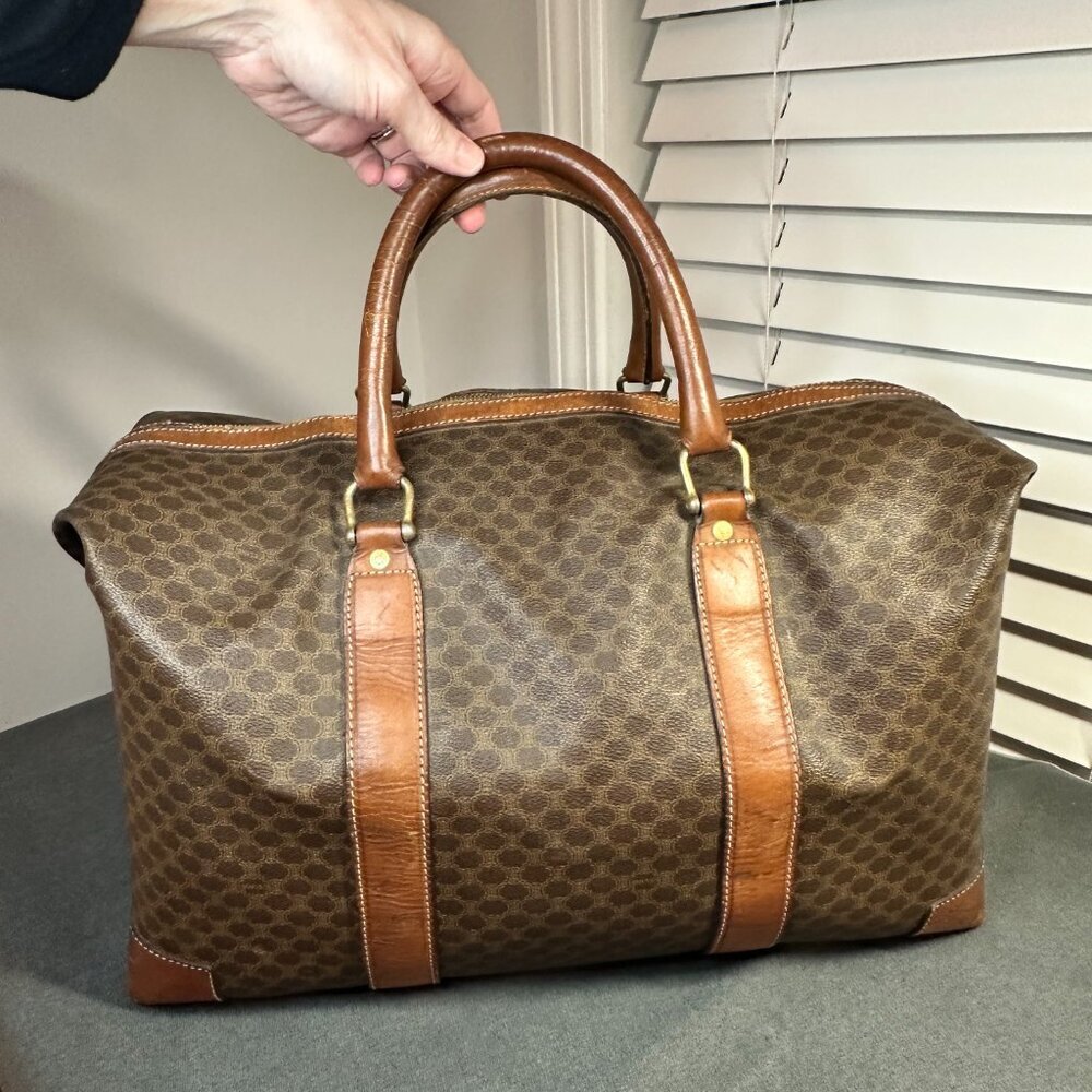 👜 VINTAGE CELINE MACADAM CANVAS & CALFSKIN BOSTON TRAVEL BAG - TAN LEATHER 👜 - Picture 2 of 13